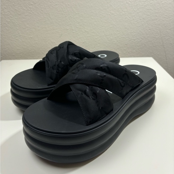 Gucci GG-Jacquard Padded-Nylon Rubber Platform Sandals Mules - Picture 1 of 6